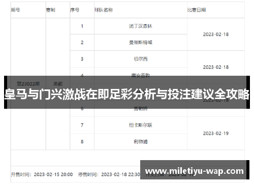 皇马与门兴激战在即足彩分析与投注建议全攻略